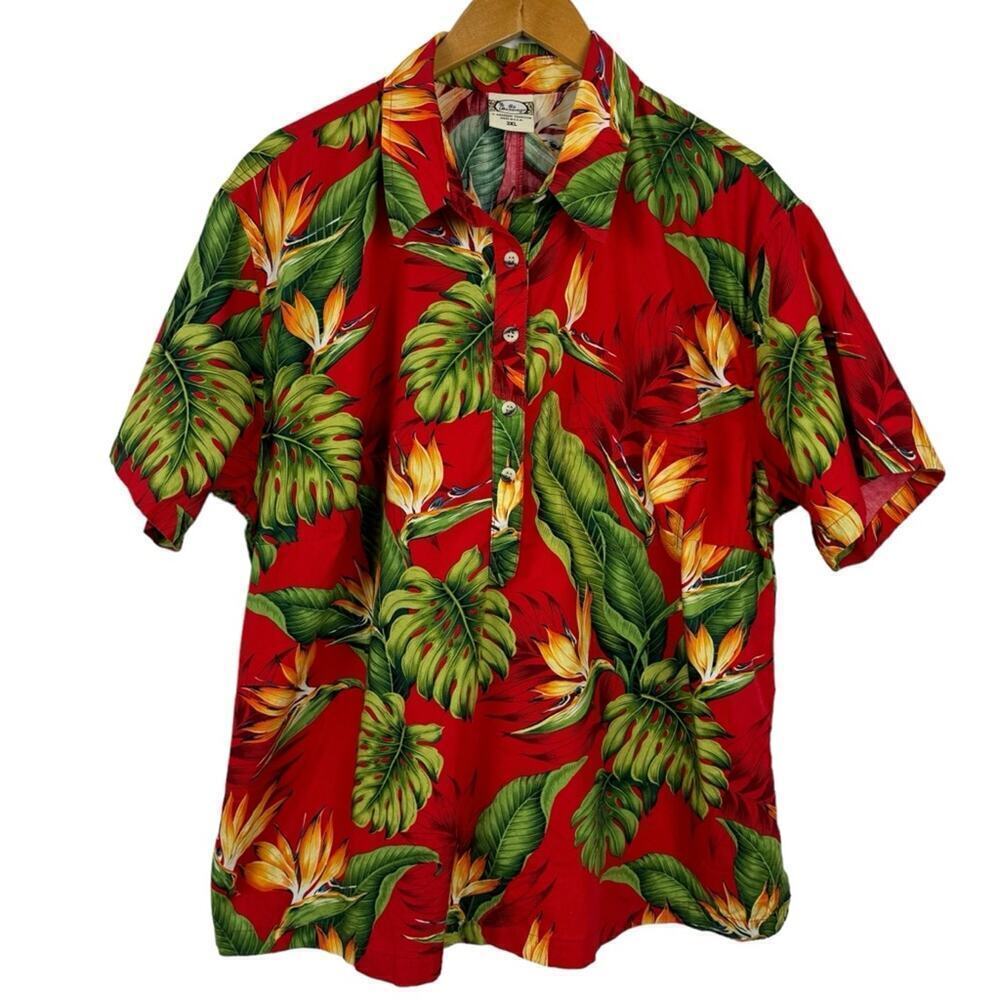 Go Barefoot Hawaiian Shirt Made In USA Red Monstera Print Single Stitch Size 3XL